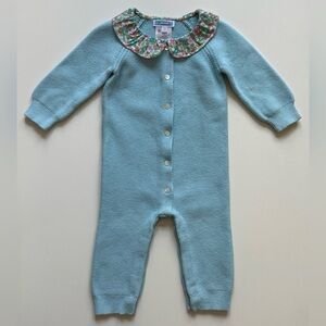 Jacadi Baby Girl Blue Knit Jumpsuit with Liberty Floral Collar - Size 12M